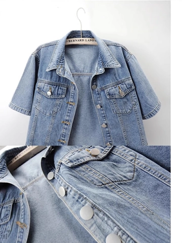 Chaqueta de Mezclilla Casual de Manga Corta para Mujer Corta Lavada Algodón Mezclilla Ropa Exterior Abotonadura Sencilla Solapa Top Suelto Con Bolsillos