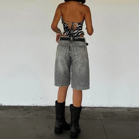 Τζιν Σορτς Ψηλόμεσο Ίσιο Πόδι Πλυμένο Μήκος Μέχρι Το Γόνατο Βαμβακερό Ρετρό Streetwear Jorts Με Αξεσουάρ Αστέρι Γυναικείο