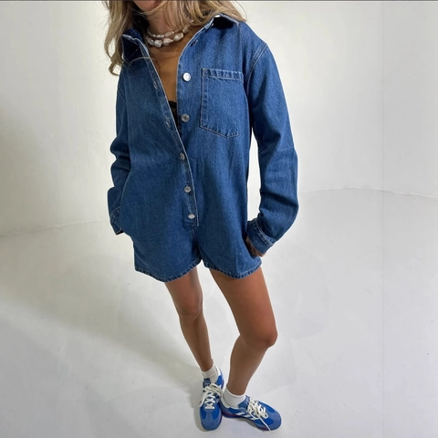 Γυναικείο Τζιν Ολόσωμο Σορτς Casual Βαμβακερό Μακρύ Μανίκι Κουμπιά Πέτο Τζιν Jumpsuit Shorts Utility Playsuit Τσέπη Streetwear