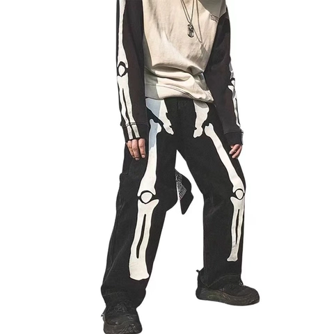 Herren Vintage Streetwear Skelett Knochen Druck Jeans Baumwolle Schwarz Gerade Bein Casual Hosen Hip Hop Punk Stil Jogger