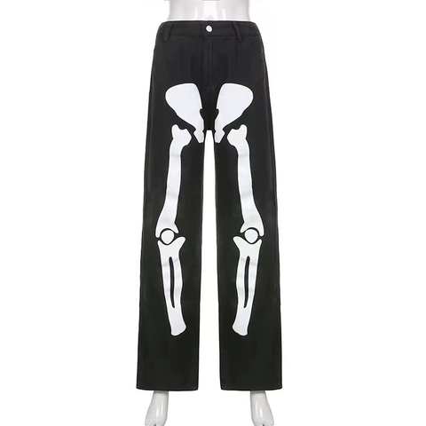 Herren Vintage Streetwear Skelett Knochen Druck Jeans Baumwolle Schwarz Gerade Bein Casual Hosen Hip Hop Punk Stil Jogger