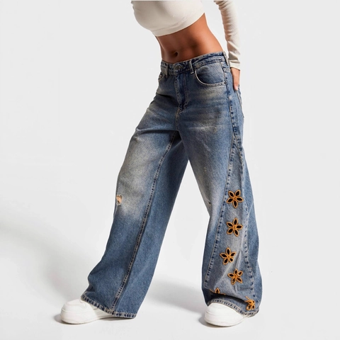 Women High Waisted Wide Leg Jeans Floral Embroidery Hollow Out Washed Denim Distressed Retro Streetwear Baggy Long Pants