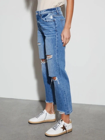 Damen High Waist Ripped Jeans Mit Weitem Bein Distressed Gerade Denim Hose Unversäuberter Saum Casual Streetwear Mode Lange Hose