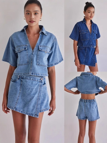 Completo Denim Donna Camicia Corta Maniche Corte E Gonna Pantalone Portafoglio Irregolare Stile Cargo