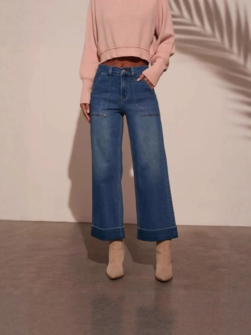 Jeans a Vita Alta a Gamba Larga da Donna Pantaloni in Denim Blu Lavato Con Grandi Tasche Orlo Arrotolato Jeans Lunghi Casual