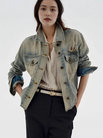 Giacca di Denim Lavata Vintage da Donna Strappata Effetto Usurato Con Bordo Sfrangiato Giubbotto di Jeans Corto Streetwear