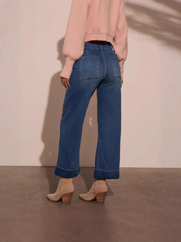 Jeans a Vita Alta a Gamba Larga da Donna Pantaloni in Denim Blu Lavato Con Grandi Tasche Orlo Arrotolato Jeans Lunghi Casual