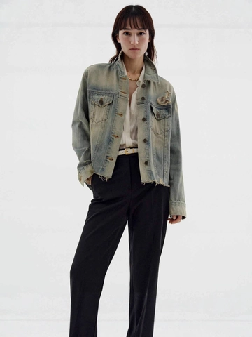 Giacca di Denim Lavata Vintage da Donna Strappata Effetto Usurato Con Bordo Sfrangiato Giubbotto di Jeans Corto Streetwear
