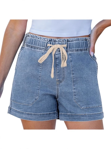 Shorts de Mezclilla Casuales para Mujer Cintura Elástica Cordón Bolsillos de Parche Dobladillo Lavado Algodón Mezclilla para Verano