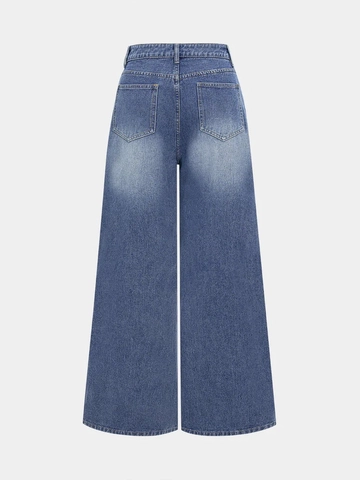 Jean Taille Haute à Jambes Larges pour Femmes Pantalon en Denim Bleu Vintage avec Doubles Boutons et Coutures Contrastées Style Rétro Décontracté