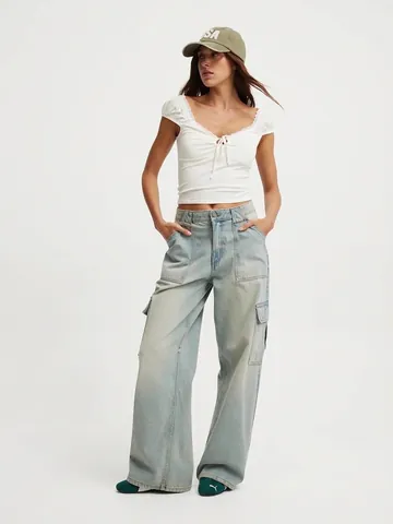 Damen Cargo Jeans Mit Hoher Taille Gewaschenes Denim Weites Bein Mehrfachtaschen Locker Lässige Arbeitskleidung Denim Hose