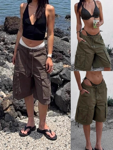 Pantalones Cortos Cargo Americanos para Mujer Ajuste Holgado Múltiples Bolsillos Cintura con Cordón Algodón Casual para Verano Aire Libre Daily Streetwear