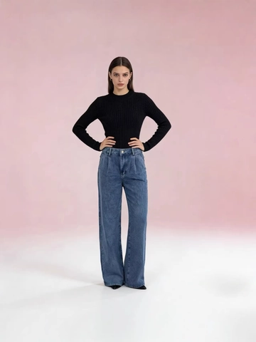 Vaqueros de Cintura Alta y Pierna Ancha para Mujer Pantalones de Denim Rectos Adelgazantes Color Sólido Lavados al Agua Azul