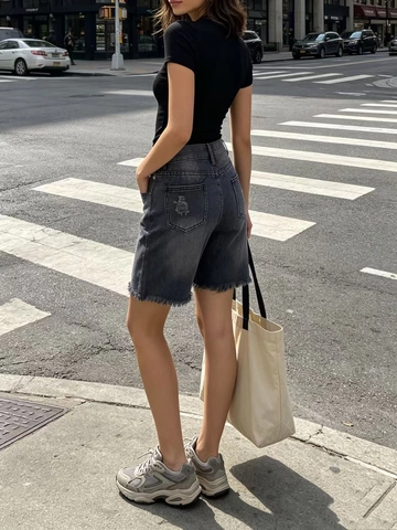 Pantaloncini di Jeans a Vita Alta Strappati da Donna Effetto Usato Orlo a Taglio Vivo Pantaloncini in Cotone Casual Streetwear Moda Estiva