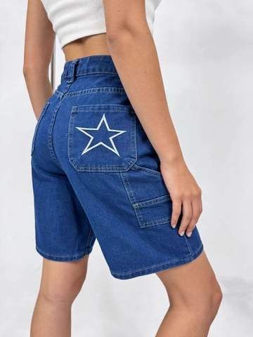 Short Cargo en Jean pour Femme Taille Haute Brodé d'Étoiles Bleu Foncé Coton Lavé Bermuda Jambe Droite Travail Mode