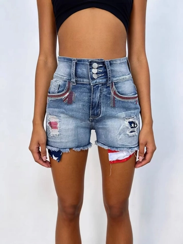 Damen Denim Shorts Hohe Taille Amerikanische Flagge Zerrissen Mit Stickerei Und Fransen Sommer Jeans Shorts Blau