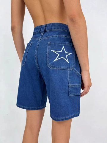 Short Cargo en Jean pour Femme Taille Haute Brodé d'Étoiles Bleu Foncé Coton Lavé Bermuda Jambe Droite Travail Mode