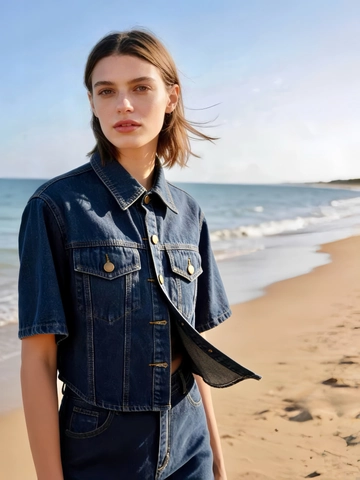 Damen Französischer Vintage Kurz Denim Jacke Westlicher Stil Schlank Hohe Taille Crop Top Halbarm Denim Hemd Mit Taschen Metallknöpfe