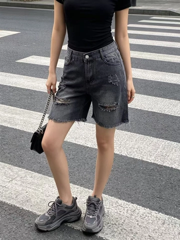 Pantaloncini di Jeans a Vita Alta Strappati da Donna Effetto Usato Orlo a Taglio Vivo Pantaloncini in Cotone Casual Streetwear Moda Estiva