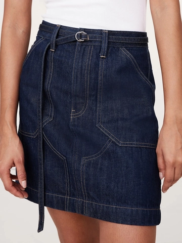 Dames Donkerblauw Denim Jas En Rok Twee Delige Set Met Contraststiksels Hoge Taille Cropped Jas Voor Casual Commuter