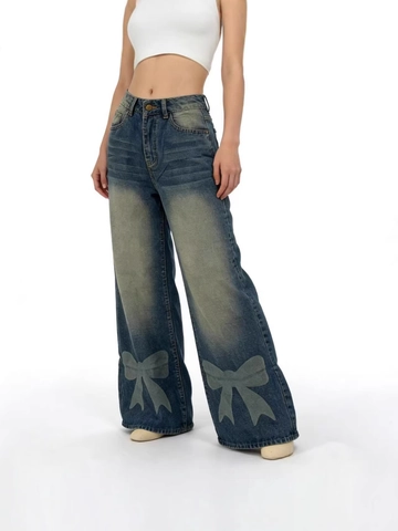 Damen Vintage Washed Weite Jeans Schleifendruck Lockere Denim-Hose Mit Hoher Taille Retro Lässige Gerade Hose