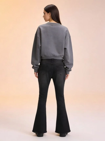 Jeans a Zampa da Donna Retro a Vita Alta Micro Flare Snellenti in Denim Lavato Pantaloni alla Moda Casual da Ufficio