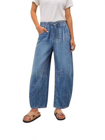 Vaqueros de Pata Ancha para Mujer Cintura Alta Elástica con Cordón Pantalones de Denim Lavado Sueltos Rectos con Bolsillos