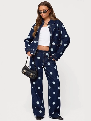 Women's Vintage High Waist Polka Dot Denim Wide Leg Jeans Casual Baggy Straight Cotton Washed Blue Denim Trousers