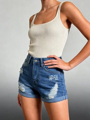 Short en Jean Taille Haute pour Femmes Déchiré Usé Ourlet Roulé Short en Denim Décontracté Été Mode en Coton