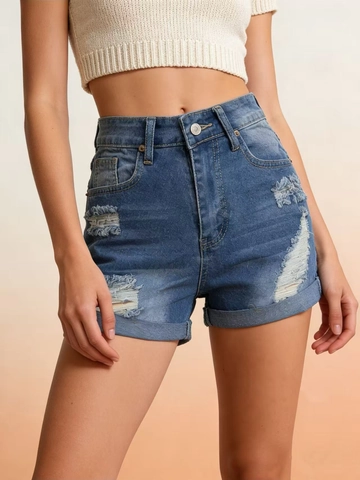Short en Jean Taille Haute pour Femmes Déchiré Usé Ourlet Roulé Short en Denim Décontracté Été Mode en Coton