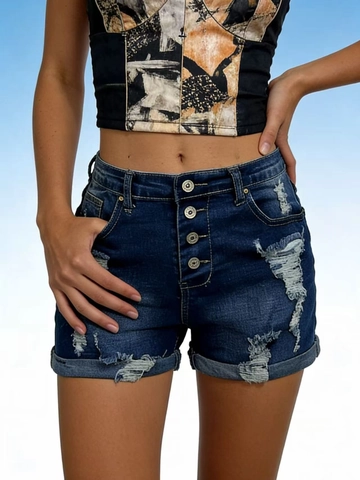 Shorts de Mezclilla de Cintura Alta Rotos para Mujer Distressed con Múltiples Botones Elásticos Ajustados con Dobladillo Verano