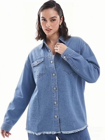 Chaqueta de Mezclilla Lavada Vintage para Mujer Oversize de Manga Larga Camisa de Mezclilla con Dobladillo sin Terminar Top