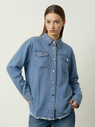 Chaqueta de Mezclilla Lavada Vintage para Mujer Oversize de Manga Larga Camisa de Mezclilla con Dobladillo sin Terminar Top