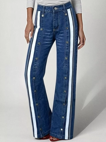 Damen High Waist Weites Bein Denim Jeans Mit Kontrast Seitenstreifen Metall Knopfleiste Vintage Schlitz Casual Streetwear Hose
