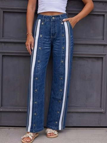 Damen High Waist Weites Bein Denim Jeans Mit Kontrast Seitenstreifen Metall Knopfleiste Vintage Schlitz Casual Streetwear Hose