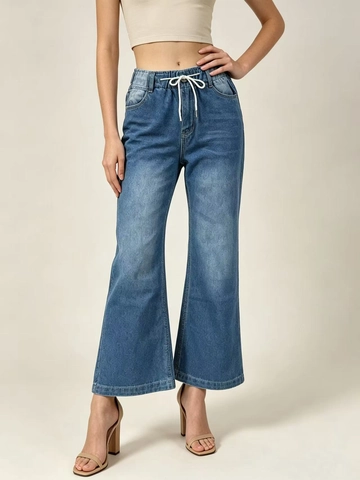 Dames Hoge Taille Wijde Pijpen Jeans Gewassen Denim Broek Met Trekkoord Elastische Taille Casual Rechte Broek Lichtblauw