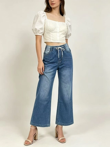 Dames Hoge Taille Wijde Pijpen Jeans Gewassen Denim Broek Met Trekkoord Elastische Taille Casual Rechte Broek Lichtblauw
