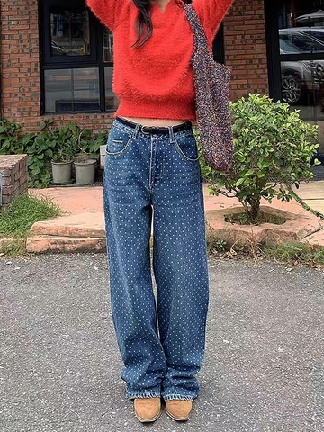 Vaqueros de Pierna Recta con Lunares de Cintura Alta para Mujer Ajuste Holgado Pantalones de Mezclilla de Pierna Ancha Streetwear Vintage Pantalones Adelgazantes Casuales