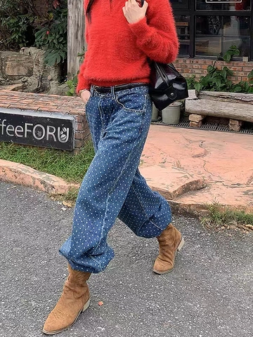 Vaqueros de Pierna Recta con Lunares de Cintura Alta para Mujer Ajuste Holgado Pantalones de Mezclilla de Pierna Ancha Streetwear Vintage Pantalones Adelgazantes Casuales