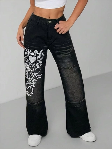 Women's Vintage Washed Denim Jeans With Heart Totem Print High Waist Wide Leg Streetwear Y2K Casual Loose Straight Pants