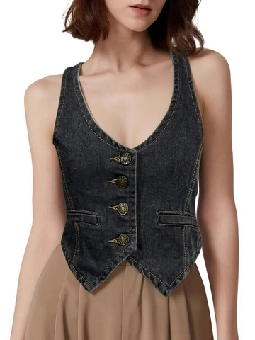 Gilet Donna in Denim Lavato Retro Taglio Corto Scollo a V Con Bottoni Cuciture a Contrasto Fibbia Regolabile Senza Maniche