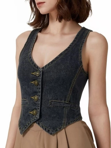 Gilet Donna in Denim Lavato Retro Taglio Corto Scollo a V Con Bottoni Cuciture a Contrasto Fibbia Regolabile Senza Maniche