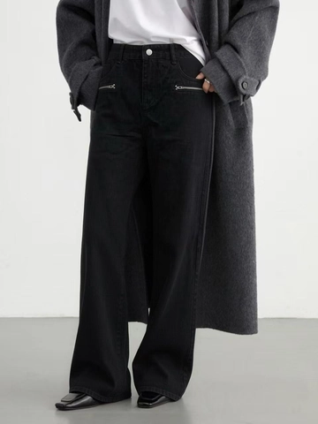 Jean Droit Large Homme Pantalon en Denim Délavé Noir Avec Poches Décorées De Fermetures Éclair En Métal Casual