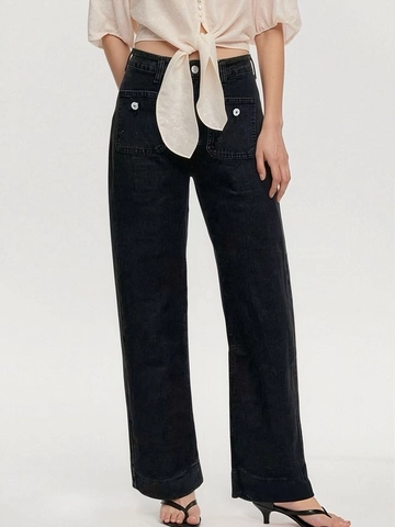 Damen High Waist Jeans Mit Weitem Bein Große Aufgesetzte Taschen Kontrastnähte Metallknöpfe Gerade Denim Hose