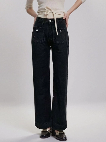 Damen High Waist Jeans Mit Weitem Bein Große Aufgesetzte Taschen Kontrastnähte Metallknöpfe Gerade Denim Hose