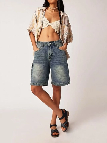 Women Retro High Waist Denim Cargo Shorts Washed Distressed Straight Wide Leg Streetwear Casual Bermuda Jean Shorts