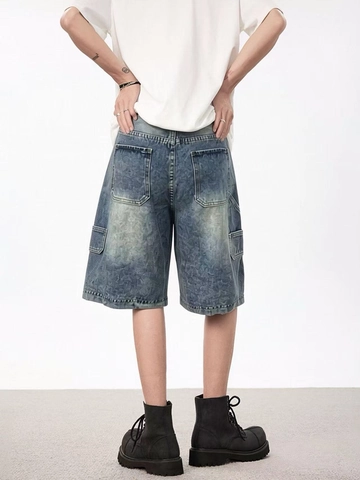 Women Retro High Waist Denim Cargo Shorts Washed Distressed Straight Wide Leg Streetwear Casual Bermuda Jean Shorts