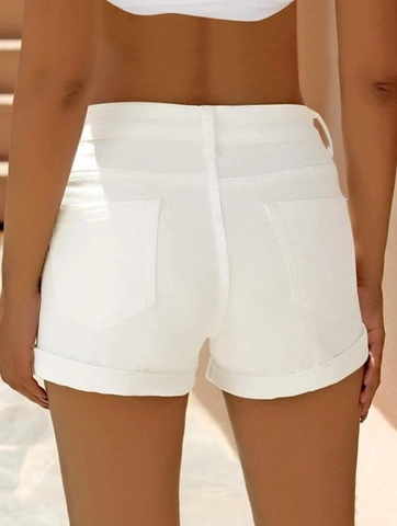 Pantalones Cortos de Mezclilla Blancos de Cintura Alta para Mujer Rasgados con Dobladillo Enrollado y 4 Botones Ajuste Estrecho Recto