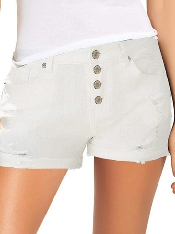 Pantaloncini di Denim Bianchi a Vita Alta da Donna Strappati con Orlo Arrotolato e 4 Bottoni Vestibilità Slim Dritta