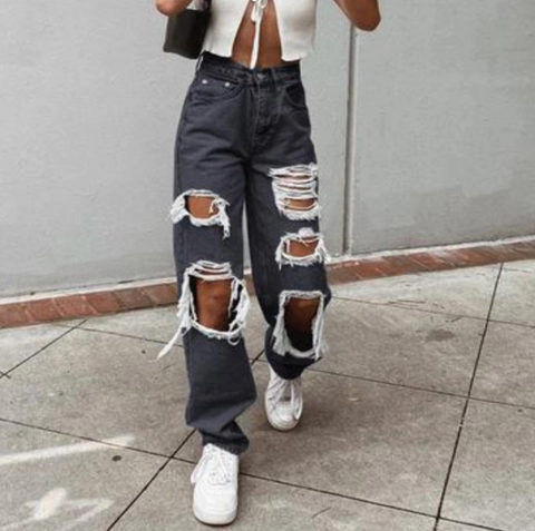 Damen High Waist Ripped Wide Leg Jeans Distressed Baumwollmischung Denim Hose Streetwear Ausgefranste Kanten Lässige Jeans